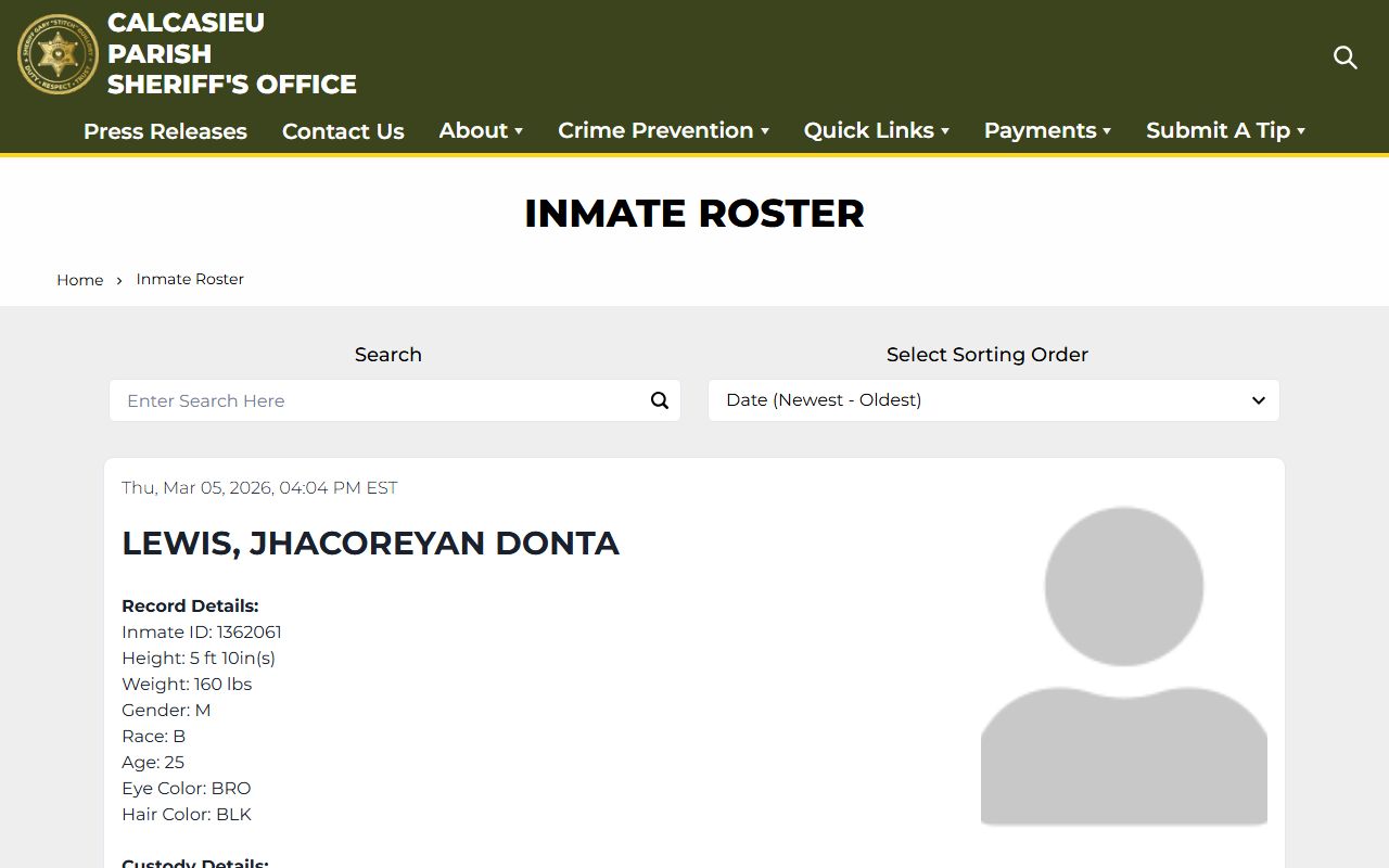 Calcasieu Parish inmate roster showing released inmates data