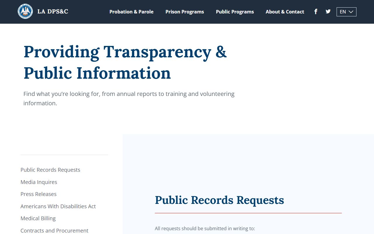 Louisiana DPS&C public records request page for released inmates